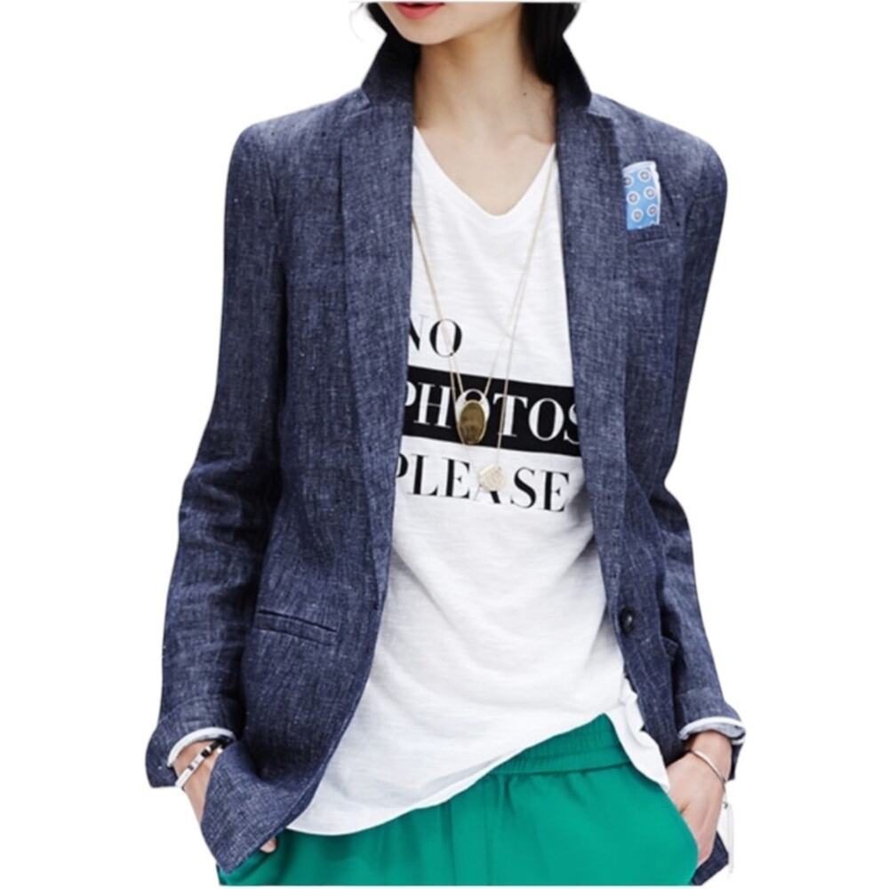 Banana Republic‎ Blue LINEN One Button Boyfriend Blazer 2